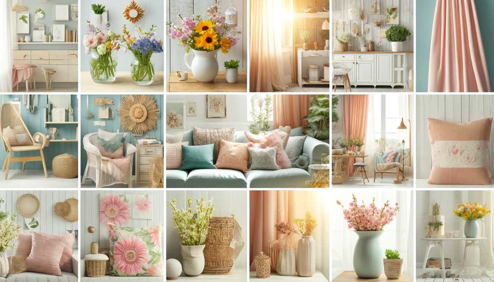 A collage featuring various springtime decor for a house