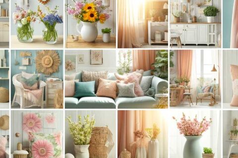 A collage featuring various springtime decor for a house