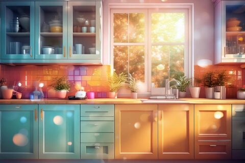 A kitchen cabinet with color