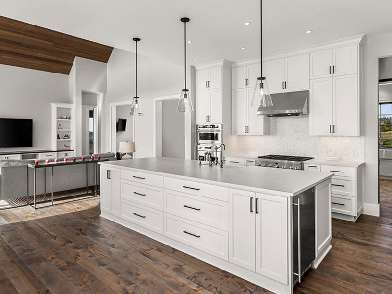 modern white cabinets in open kitchen