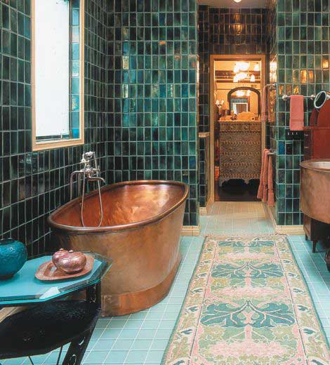 A copper tub in a bathroom
