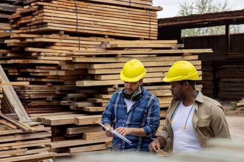 workers talking near stacks wood boards in local lumber yard
